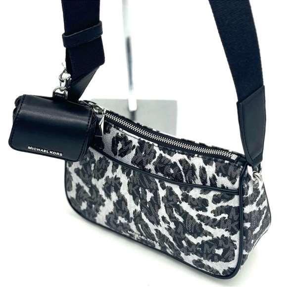 Michael Kors Jet Set Medium Leopard Logo Crossbody Bag W Case for Apple AirPods - Picture 6 of 11